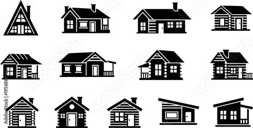 A collection of various house designs and architectural styles in black and white