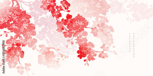 Spring Japanese Cherry blossom flower background vector. Sakura floral Wallpaper design of elegant gold line cherry blossom flower, branch. Illustration for banner, wall decoration, backdrop, ads.