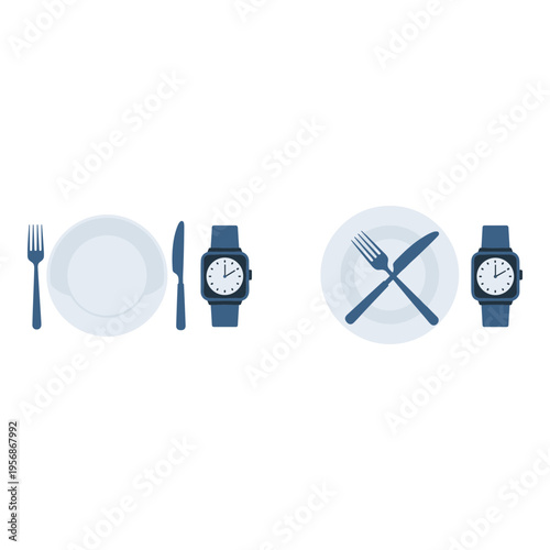 Set of 2 blue watch and tableware icons vector