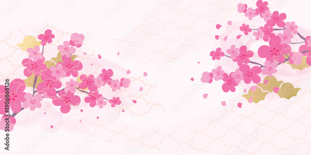 Obraz premium Spring Japanese Cherry blossom flower background vector. Sakura floral Wallpaper design of elegant gold line cherry blossom flower, branch. Illustration for banner, wall decoration, backdrop, ads.