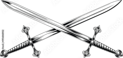 Black and white vector illustration of two intricately designed crossed swords forming an X shape, symbolizing combat, strength, heraldic tradition, and military insignia for decorative or emblem use”