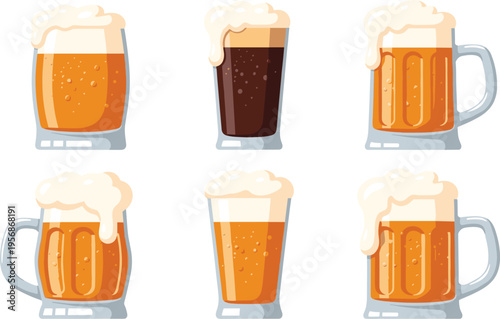 Beer Mug Illustration Set Featuring Different Beer Types with Foam for Bar, Pub, and Beverage Designs