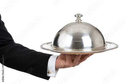 Butler hand holding silver tray with cloche