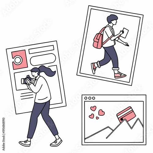 A woman taking a picture of a man walking with a backpack