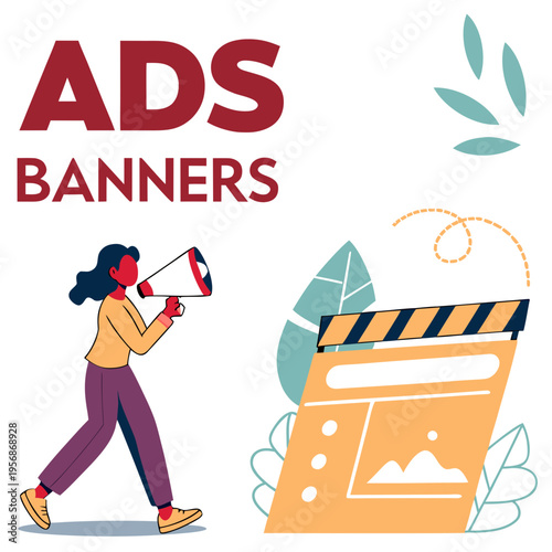 A woman holding a megaphone next to a large movie clapper board