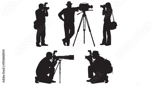 Photographers set with cameras and tripods, capturing moments with professional equipment and bags. featuring photographer, camera, tripod with