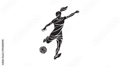 Female soccer player silhouette kicking a ball, dynamic action pose in black and white abstract graphic style