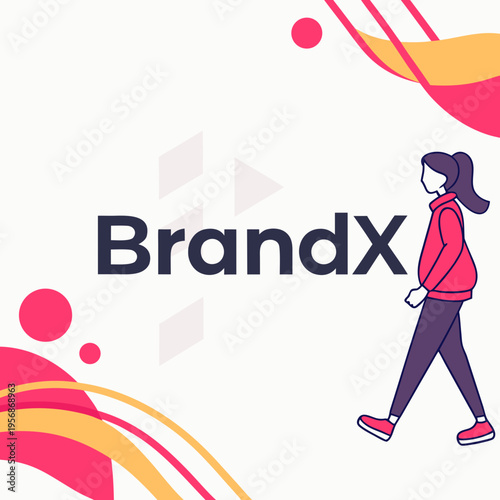 A woman walking next to brandx logo