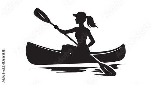 Canoe silhouette with a woman paddling on water, vector art for leisure and recreation themes featuring kayak, paddle, boat with lake and river