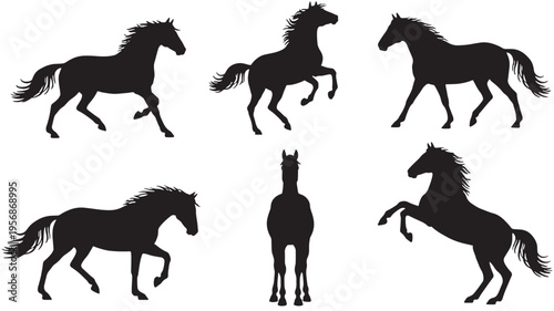 Horses black silhouette set with dynamic poses and flowing manes, elegant equestrian illustrations for design