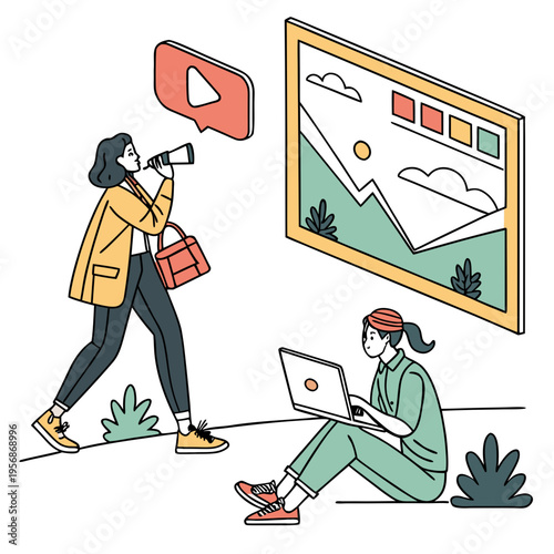 Woman taking photo with smartphone and another woman sitting with laptop