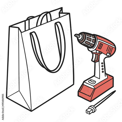 A drill and a shopping bag with a screwdriver