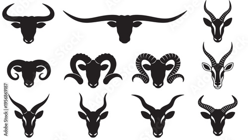 Animal heads collection with various horns, bull, ram, and antelope silhouettes for icons and symbols