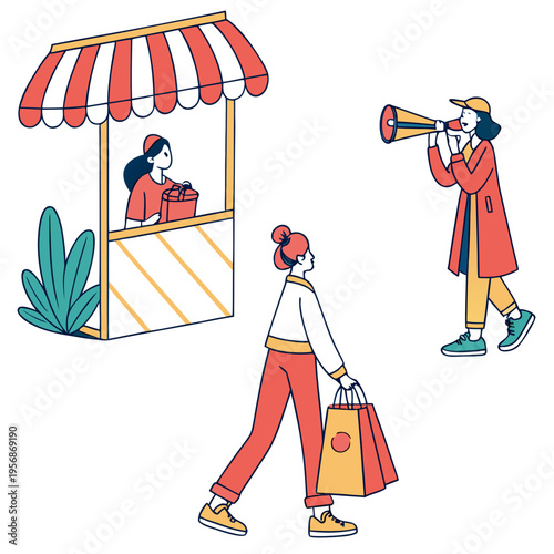 A woman uses a megaphone to speak to another woman walking past a food stand