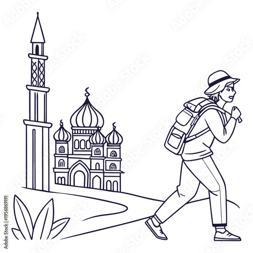 A tourist walking towards a mosque