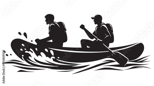 Two people paddling a canoe on the water creating splashes and ripples, captured in a dynamic black silhouette.