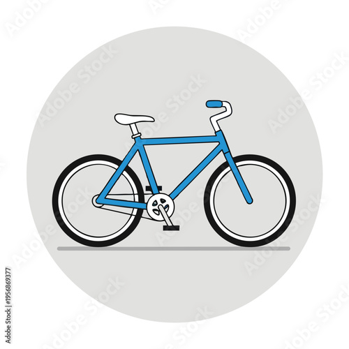 Blue bicycle with white seat and handlebars on a gray circle