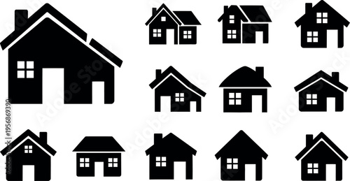 A collection of various black house silhouettes with white trim on a white background showcasing different architectural styles and roof designs