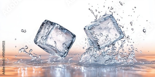 Two clear ice cubes splashing into water with flying droplets and reflective surface, evoking a refreshing cool and invigorating feeling