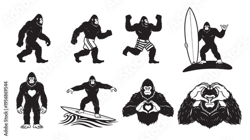 Gorilla set featuring surfing, hearts, and dynamic poses in black and white illustration style. featuring monkey, ape, primate with surfboard and