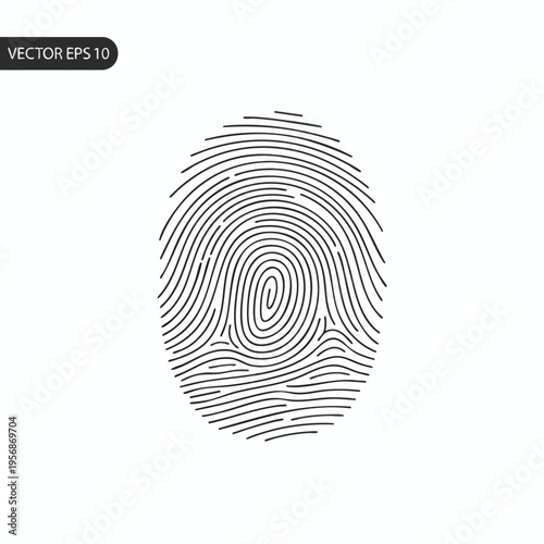 Black fingerprint graphic with swirling lines and ridges on a white background