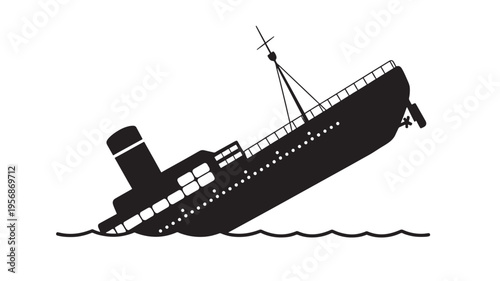 Ship sinking silhouette with water waves, representing maritime disaster and nautical crisis. featuring loss, danger, emergency with submerged and