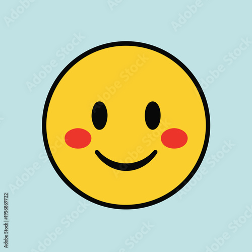 A cheerful yellow emoji with rosy cheeks and a wide smile on a light blue background