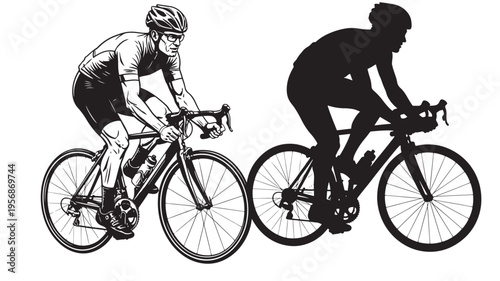Cyclist in line art and silhouette style riding a racing bicycle on white background. featuring cycling, road bike, sport with athlete and