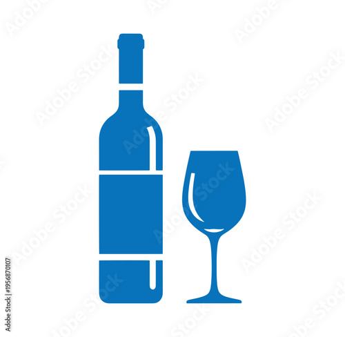 blue wine bottle and glass on white background for drinks or alcohol concept