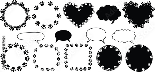 Animal footprint border frames and blank message bubbles pack