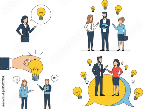 Business Idea and Teamwork Concept Set with People Sharing Ideas, Light Bulb Symbols, Brainstorming, and Collaboration Scenes for Corporate Illustration and Creative Thinking Design
