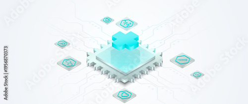 Isometric medical technology illustration featuring digital cross on microprocessor with icons
