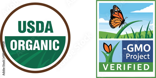 USDA Organic and Non GMO Project Verified Food Quality Certification Labels Set on White Background