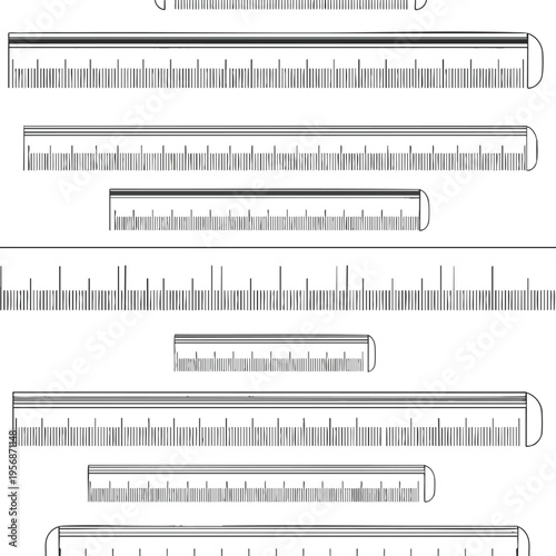 A set of black and white line drawings depicting various sizes of rulers