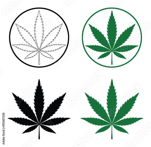 Leaf Black and White Outline, Green Circle, Black Silhouette, and Green Silhouette