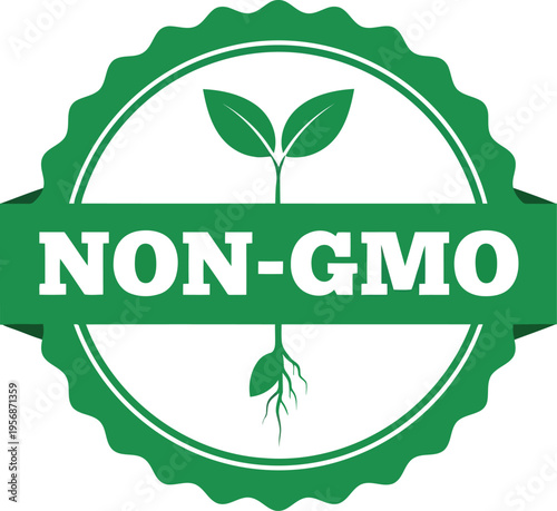 Green Non GMO Stamp Icon with Sprouting Plant Symbol for Organic Food and Health Product Labels