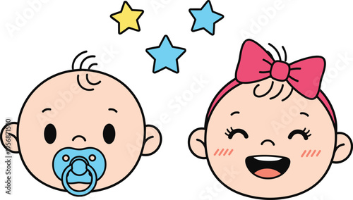 Cartoon Baby Boy and Girl Illustration with Pacifier and Bow for Infant, Childhood, and Kids' Designs