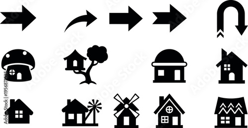 Collection of directional arrows and various house silhouettes with trees and windmills