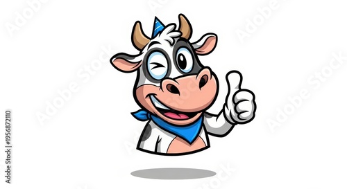 A cheerful cartoon cow mascot winking and giving a thumbs up gesture, wearing a blue bandana, with a friendly smile.