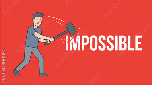 Man Breaking the Word Impossible with a Hammer on Red Background, Symbolizing Overcoming Challenges and Achieving the Impossible
