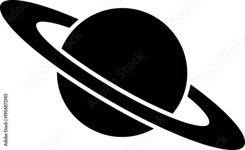 Simple black silhouette of saturn with prominent rings displayed
