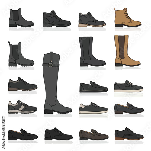 Array of footwear including boots, loafers, and sneakers in various colors