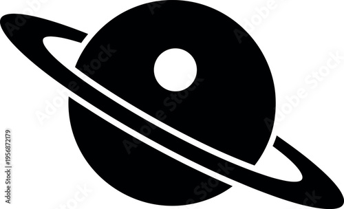 Simple black and white illustration of a planet with a prominent ring