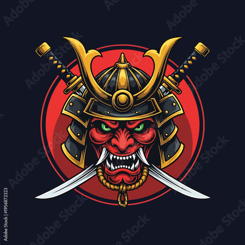 Cultural emblem: fierce Japanese oni mask with samurai helmet and crossed swords illustration.