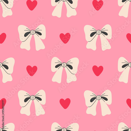 Bow Heart Pink Seamless Pattern. Hand Drawn Coquette Girlish Pastel Background with playful tied Ribbon Knot and Love Elements. Romantic Feminine Flat Vector Illustration