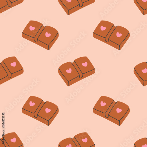 Chocolate Bar Pieces Seamless Pattern. Cute hand drawn sweet food background with romantic elements. Minimal snack treat design. Flat vector illustration