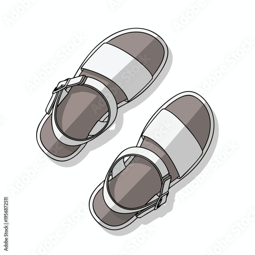 Pair of simple grey and white open-toe sandals with adjustable buckle straps