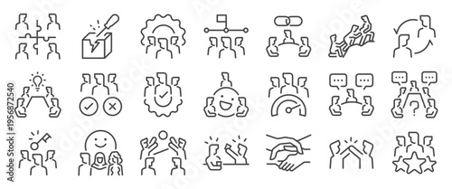 Team building icon set. It includes teamwork, communication, connection, collaboration and more icons. Editable Vector Stroke.