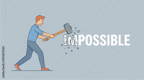 Man Breaking Through Barriers with Hammer to Show Unstoppable Determination and Challenging Limitations for Success