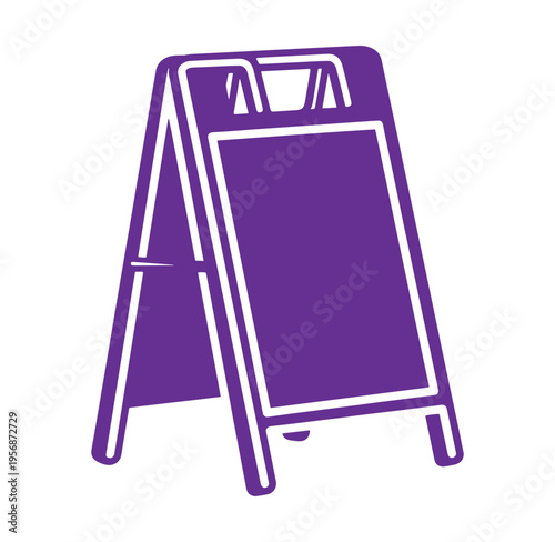 Purple sandwich board sign with white outline on white background